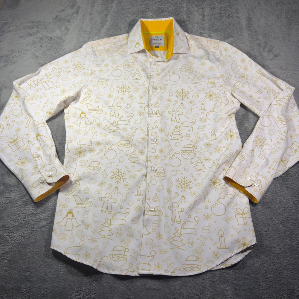 Tom Baine Mens Slim Fit Holiday Christmas Print Performance Shirt White Gold L